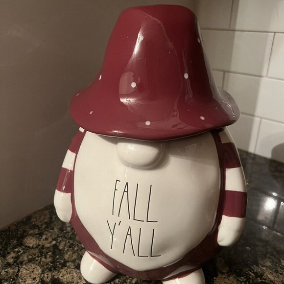 Rae Dunn Fall Halloween FALL Y'ALL Gnome Canister 11" Red White w/ Lid NEW - Picture 3 of 5